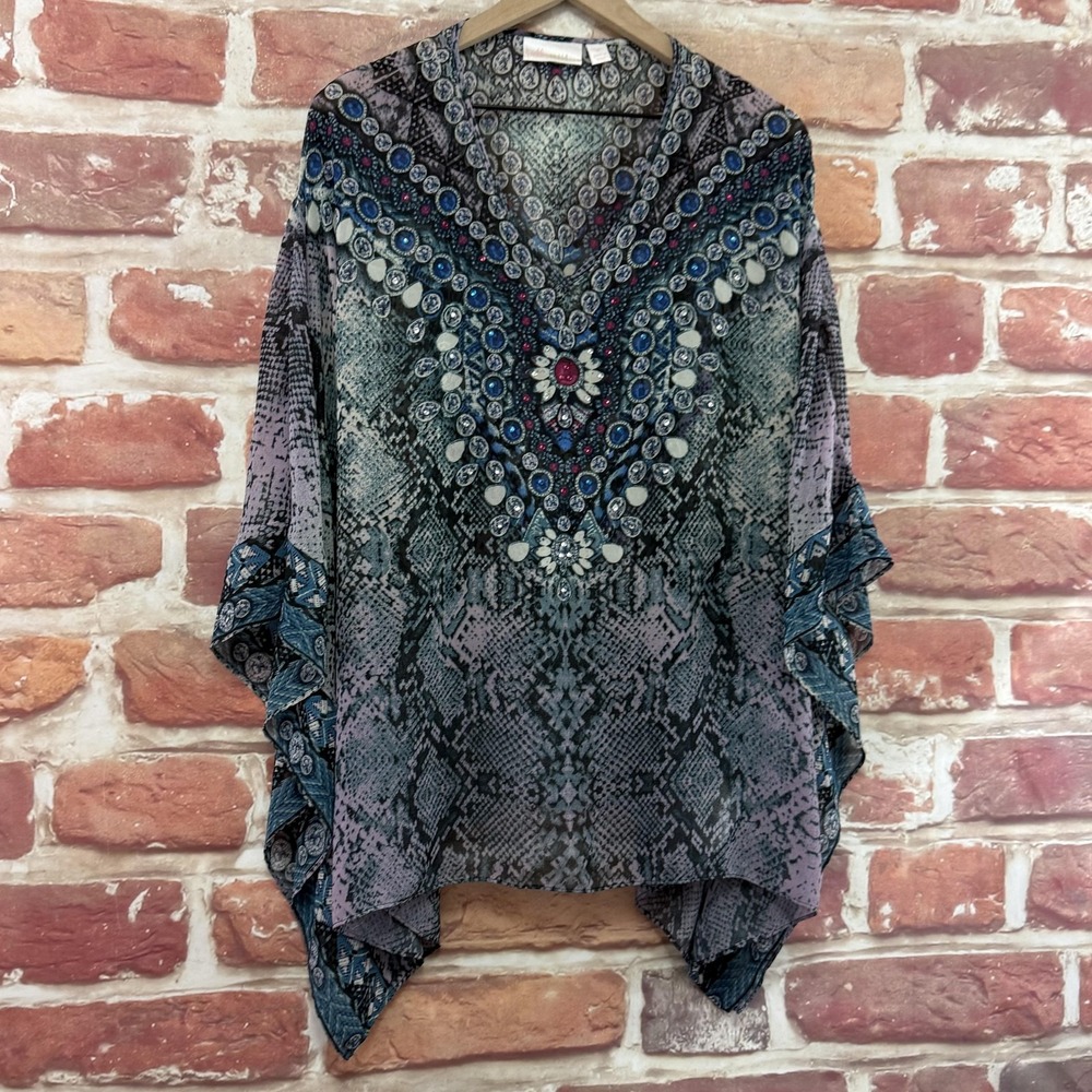 Belle Kim Gravel  Top Women's XL Boho Snakeskin Jewel Print Kimono Sheer Shirt - Picture 2 of 10